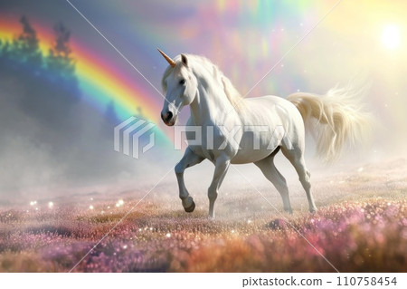 AI-generated content. Full shot, unicorn on rainbow sky background. Generative AI AI-generated content. Full shot, unicorn on rainbow sky background. Generative AI 110758454