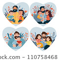 A series of Father's Day themed images showcasing fathers of bonding and adventure with their children. These illustrations capture the essence of fatherly love. Vector illustration 110758468
