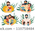 A series of Father's Day themed images showcasing fathers of bonding and adventure with their children. These illustrations capture the essence of fatherly love. Vector illustration 110758484