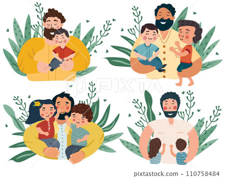 A series of Father's Day themed images showcasing fathers of bonding and adventure with their children. These illustrations capture the essence of fatherly love. Vector illustration 110758484