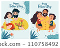 A series of Father's Day themed images showcasing fathers of bonding and adventure with their children. These illustrations capture the essence of fatherly love. Vector illustration 110758492