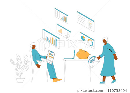 Elderly family budgeting. Couple with money and analyze retirement savings. Vector illustration Elderly family budgeting. Couple with money and analyze retirement savings. Vector illustration 110758494