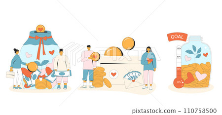 Donation and fundraising concepts set. People with jar box money with coins, envelope of banknotes, heart symbols. Share money crowdfunding. Vector flat illustration Donation and fundraising concepts set. People with jar box money with coins, envelope of banknotes, heart symbols. Share money crowdfunding. Vector flat illustration 110758500