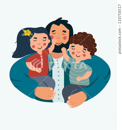 Happy Father's Day picture, a cheerful father hugs and cares for his children. The concept of parental love, care, raising children. Ideal for a postcard, poster. Vector 110758517