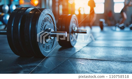 AI-generated content. Barbells on the floor in the gym, rim light, people on the blur background. Generative AI 110758518