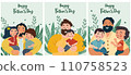 A series of Father's Day themed images showcasing fathers of bonding and adventure with their children. These illustrations capture the essence of fatherly love. Vector illustration 110758523