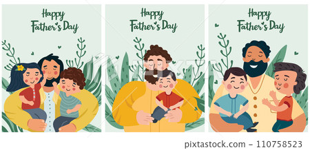 A series of Father's Day themed images showcasing fathers of bonding and adventure with their children. These illustrations capture the essence of fatherly love. Vector illustration 110758523