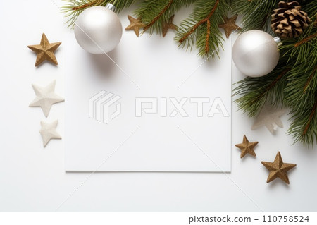 AI-generated content. Christmas greeting blank card with mockup space on white wooden table. Space for text. Generative AI 110758524