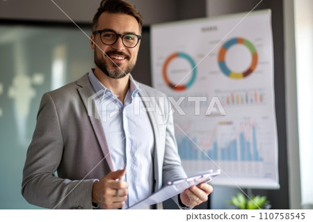 AI-generated content. A successful man delivering a compelling business presentation in a sleek office. Generative AI 110758545