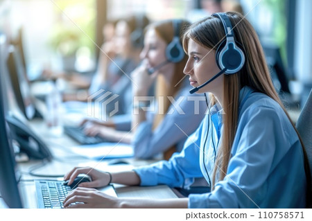 AI-generated content. Technical support agents call in progress using computer explaining the issues. Generative AI 110758571