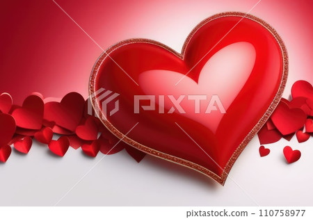 St Valentines day, wedding banner with red voluminous heart on red background. Use for love sale banner, voucher, greeting card. Copy space. Beautiful love background for valentines day greeting card 110758977