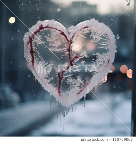 Valentines day transparent heart on frozen window with forest on background. Banner perfect for Valentines Day card, romantic themed design, voucher, greeting card, print. Concept love. Copy space. 110759002
