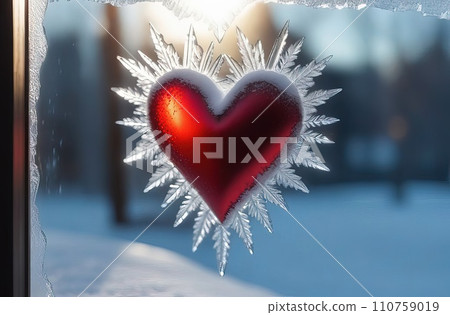 Valentines day red heart on frozen window with forest on background. Banner perfect for Valentines Day card, romantic themed design, voucher, greeting card, print. Concept love. Copy space. Valentines day red heart on frozen window with forest on background. Banner perfect for Valentines Day card, romantic themed design, voucher, greeting card, print. Concept love. Copy space. 110759019