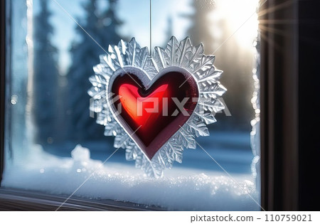 Valentines day red heart on frozen window with forest on background. Banner perfect for Valentines Day card, romantic themed design, voucher, greeting card, print. Concept love. Copy space. Valentines day red heart on frozen window with forest on background. Banner perfect for Valentines Day card, romantic themed design, voucher, greeting card, print. Concept love. Copy space. 110759021