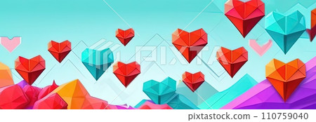 Valentines day polygonal abstract azure, red hearts pastel background banner. Perfect for Valentines Day card, romantic themed design, voucher, greeting card, wrapping paper. Concept love. Copy space. Valentines day polygonal abstract azure, red hearts pastel background banner. Perfect for Valentines Day card, romantic themed design, voucher, greeting card, wrapping paper. Concept love. Copy space. 110759040