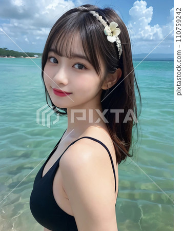 “AI-generated image” of a Minato-ku girl smiling in a swimsuit at the sea 110759242