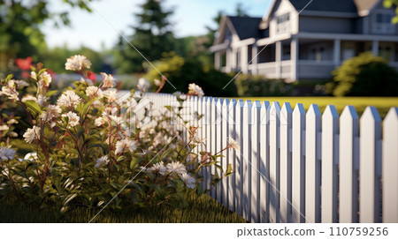 AI-generated content. Cozy suburban home with a classic white picket fence and flowerbeds under the shade of mature trees 110759256
