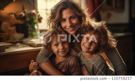 AI-generated content. A mother with a radiant smile warmly embraces her two sons, their curly locks highlighted 110759257