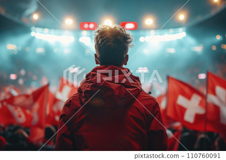 AI-generated content. Soccer fan or football fan with flag at cheering while winning match. Generative AI 110760091