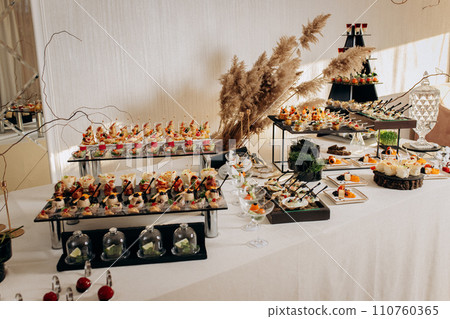 Assortment of delicious snacks on the open buffet festive table in restaurant. Catering plate Assortment of delicious snacks on the open buffet festive table in restaurant. Catering plate 110760365