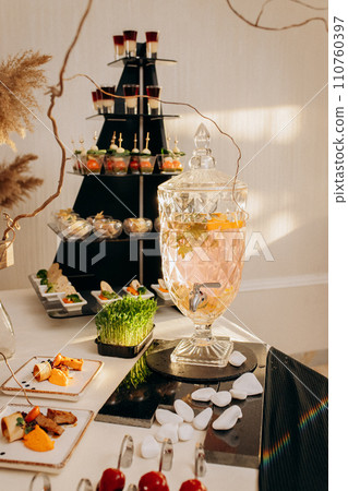 Assortment of delicious snacks on the open buffet festive table in restaurant. Catering plate Assortment of delicious snacks on the open buffet festive table in restaurant. Catering plate 110760397