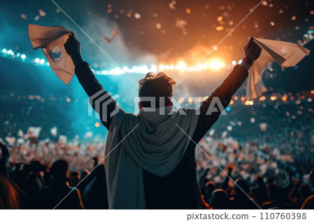 AI-generated content. Soccer fan or football fan with flag at cheering while winning match. Generative AI 110760398