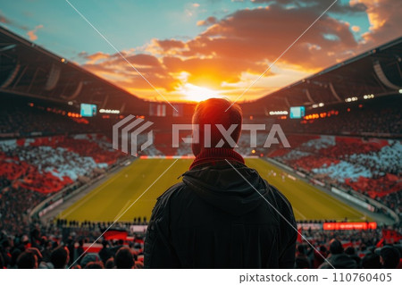 AI-generated content. Soccer fan or football fan with flag at cheering while winning match. Generative AI 110760405
