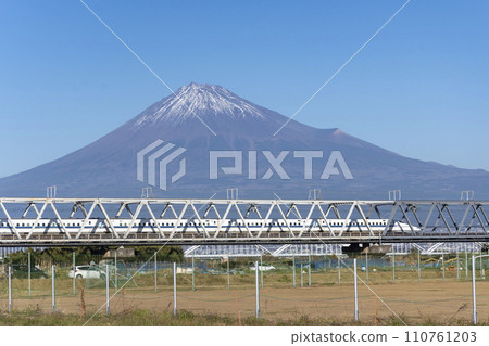 Tokaido Shinkansen crossing Mt. Fuji and the Fuji River Bridge 110761203