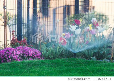 Automatic garden lawn sprinkler in action watering green grass 110761304