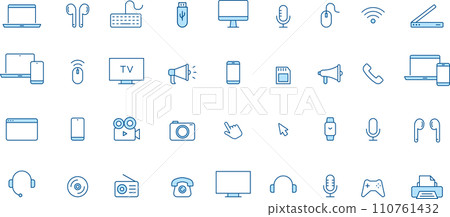 Line drawing icon set of various devices in two blue colors 110761432
