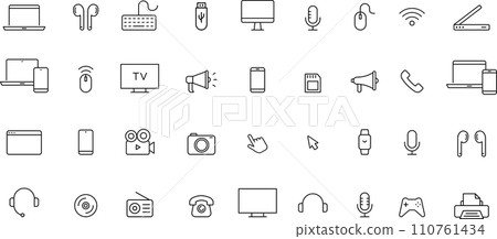 Line drawing icon set of various devices in monochrome 110761434
