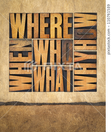 who, what, how, why, where, when, questions - brainstorming or decision making concept - a collage of words in vintage letterpress wood type on art paper who, what, how, why, where, when, questions - brainstorming or decision making concept - a collage of words in vintage letterpress wood type on art paper 110761589