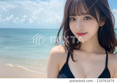港區女孩穿著泳衣在海邊微笑的“人工智慧生成圖像” 110761678