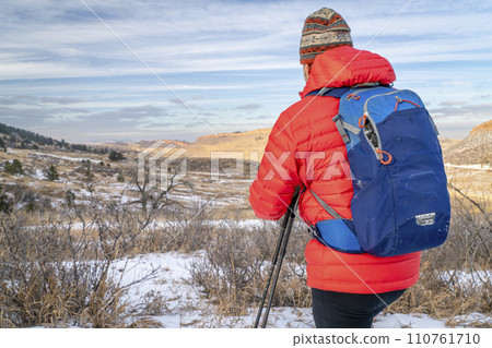 male backpacker in winter landscape of Colorado foothills - Horsetooth Mountain Open Space and Lory State Park 110761710
