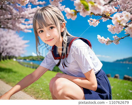 AI 圖片：在櫻花盛開的公園裡微笑的年輕女子 110762679