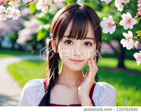 AI 圖片：在櫻花盛開的公園裡微笑的年輕女子 110762680