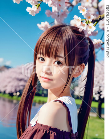 AI 圖片：在櫻花盛開的公園裡微笑的年輕女子 110762682