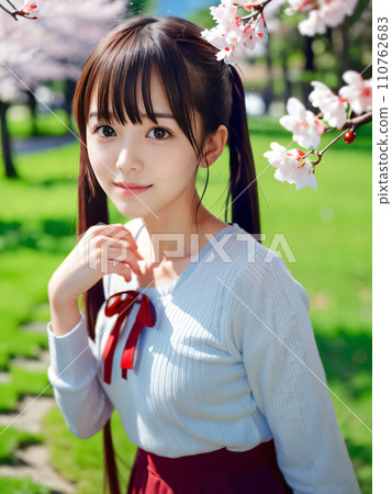 AI 圖片：在櫻花盛開的公園裡微笑的年輕女子 110762683