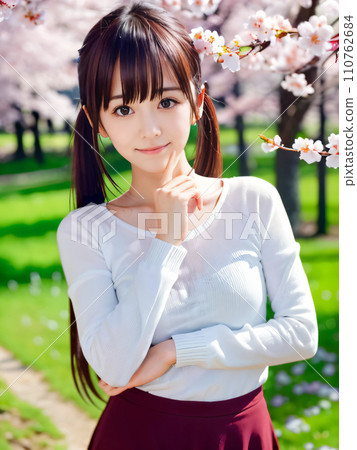 AI 圖片：在櫻花盛開的公園裡微笑的年輕女子 110762684