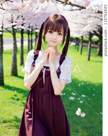 AI 圖片：在櫻花盛開的公園裡微笑的年輕女子 110762685