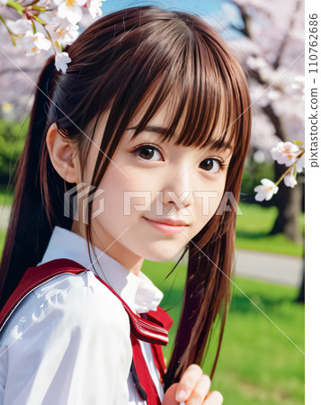 AI 圖片：在櫻花盛開的公園裡微笑的年輕女子 110762686