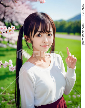 AI 圖片：在櫻花盛開的公園裡微笑的年輕女子 110762687