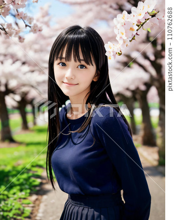 AI image: Young woman smiling in a park with cherry blossoms in full bloom AI image: Young woman smiling in a park with cherry blossoms in full bloom 110762688