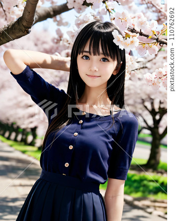 AI 圖片：在櫻花盛開的公園裡微笑的年輕女子 110762692