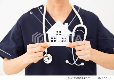 Medical workers, nurses, doctors, care workers with house models Medical workers, nurses, doctors, care workers with house models 110763328