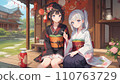 Girls in kimonos sitting on the porch 110763729