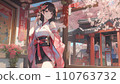 A woman in a kimono praying under the cherry blossoms 110763732