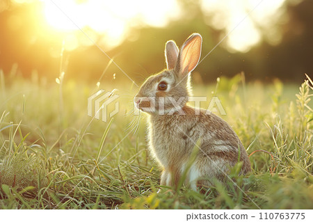 Wild rabbit in sunlit garden. Generative AI. 110763775