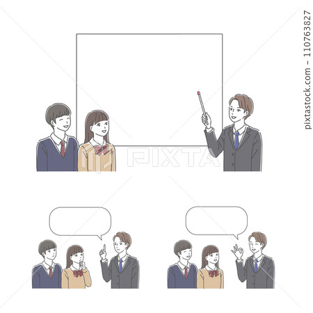 一名身穿西裝的男老師和一名男女高中生在白板上解釋的插圖集 110763827