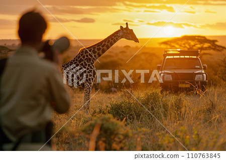 Photographer capturing giraffe at sunset safari. Generative AI. 110763845